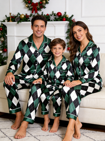 Emerald Green & Black Argyle Diamond Print Holiday Family Satin Pajama Set Sleepwear