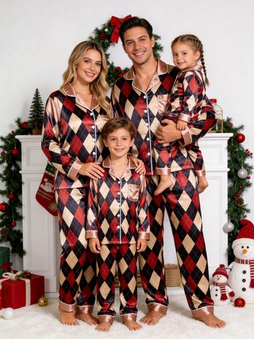 Burgundy & Navy Blue Argyle Diamond Print Holiday Family Satin Pajama Set Sleepwear