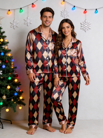 Burgundy & Navy Blue Argyle Diamond Print Holiday Couple Satin Pajama Set Sleepwear
