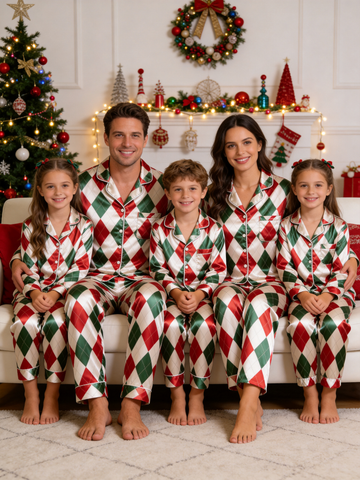 Classic Christmas Red & Green Argyle Diamond Print Holiday Family Satin Pajama Set