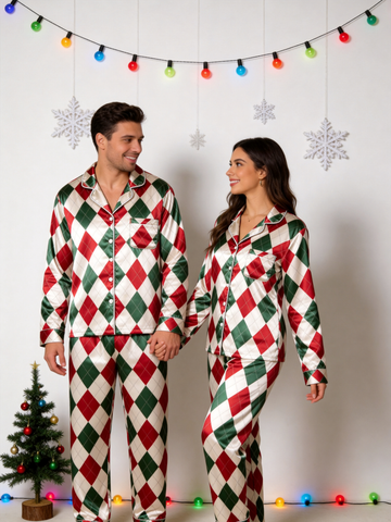 Classic Christmas Red & Green Argyle Diamond Print Holiday Couple Satin Pajama Set