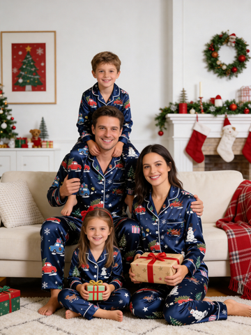 Holiday Festive Red Truck & Snowman Print Family Family Satin Pajama Set Family Sleepwear