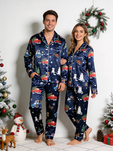 Holiday Festive Red Truck & Snowman Print Couple Couple Satin Pajama Set Couple Sleepwear