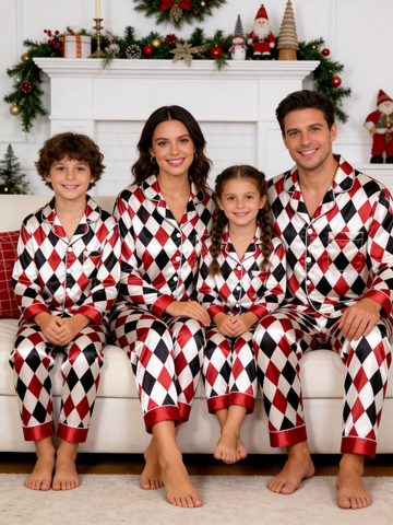 Festive Red & Black Argyle Diamond Print Holiday Family Satin Pajama Set Sleepwear