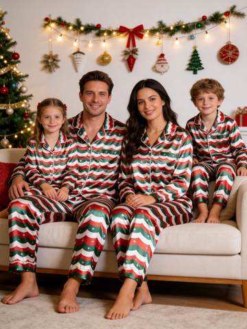 Christmas Red & Green Wavy Stripe Star Print Holiday Family Satin Pajama Set