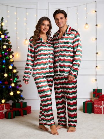 Christmas Red & Green Wavy Stripe Star Print Holiday Couple Satin Pajama Set