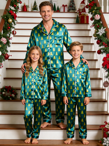 Emerald Green Christmas Tree Print Holiday Family Satin Pajama Set Family Sleepwear