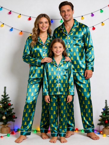 Emerald Green Christmas Tree Print Holiday Family Satin Pajama Set Family Sleepwear