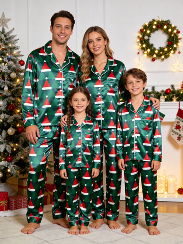 Christmas Santa Hat Geometric Print Holiday Family Satin Pajama Set Family Sleepwear