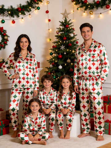 Holiday Red, Green & Gold Dot Argyle Print Family Satin Pajama Set Sleepwear