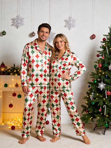 Holiday Red, Green & Gold Dot Argyle Print Couple Satin Pajama Set Sleepwear