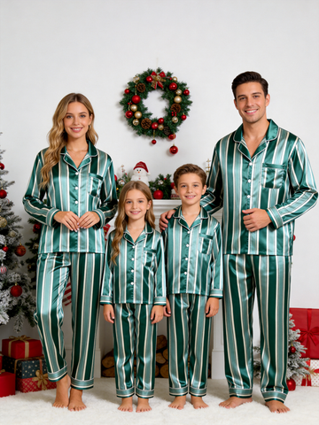 Emerald Green & White Vertical Striped Family Satin Pajama Set Family Sleepwear