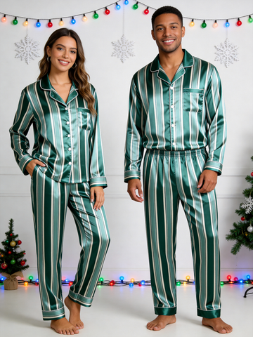 Emerald Green & White Vertical Striped Couple Satin Pajama Set Couple Sleepwear