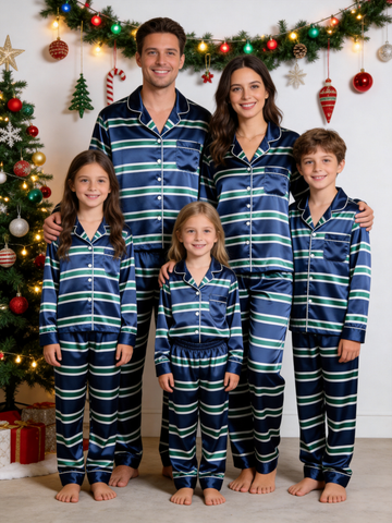 Navy Blue & Green Horizontal Striped Holiday Family Satin Pajama Set Sleepwear