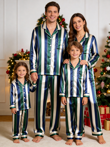 Navy & Emerald Green Vertical Striped Holiday Family Satin Pajama Set Sleepwear