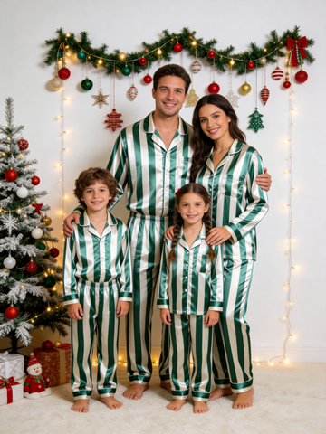 Emerald Green & White Vertical Striped Luxury Family Satin Pajama Set Sleepwear