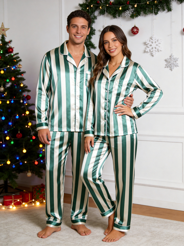Emerald Green & White Vertical Striped Luxury Couple Satin Pajama Set Sleepwear