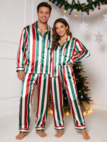 Christmas Red & Green Vertical Striped Holiday Couple Satin Pajama Set Sleepwear