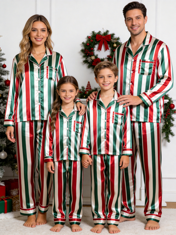 Christmas Red & Green Vertical Striped Holiday Family Satin Pajama Set Sleepwear