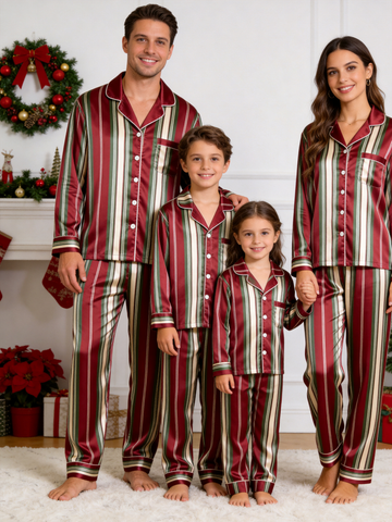 Burgundy & Green Vertical Striped Holiday Family Satin Pajama Set Sleepwear
