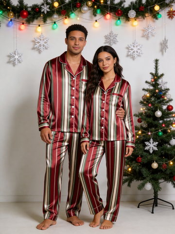 Burgundy & Green Vertical Striped Holiday Couple Satin Pajama Set Sleepwear