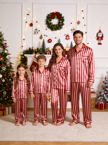 Classic Red & White Striped Christmas Family Satin Pajama Set Family Sleepwear