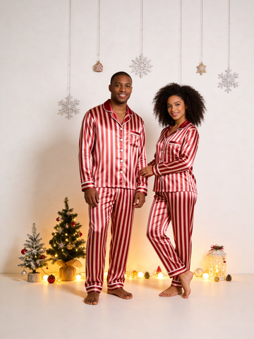 Classic Red & White Striped Christmas Couple Satin Pajama Set Couple Sleepwear