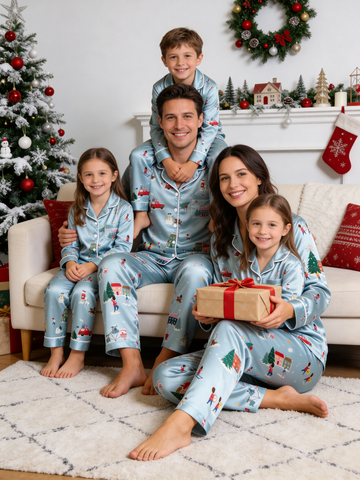 Winter Wonderland Snowy Town & Skiing Print Family Family Satin Pajama Set Matching Sleepwear