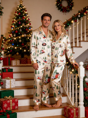 Couple Matching Satin Pajamas Set Two-Piece Button-Down Long Sleeve Sleepwear with Sledding Dogs & Pine Trees Print