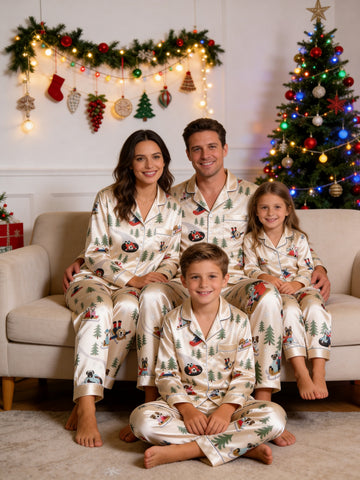 Family Matching Satin Pajamas Set Two-Piece Button-Down Long Sleeve Sleepwear with Sledding Dogs & Pine Trees Print