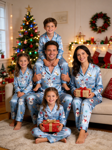 Merry Snowman & Reindeer Holiday Print Family Family Satin Pajama Set Cozy Sleepwear