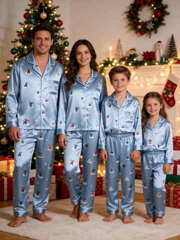 Family Matching Satin Pajamas Set Two-Piece Button-Down Long Sleeve Sleepwear with Ice Skating Figures Print