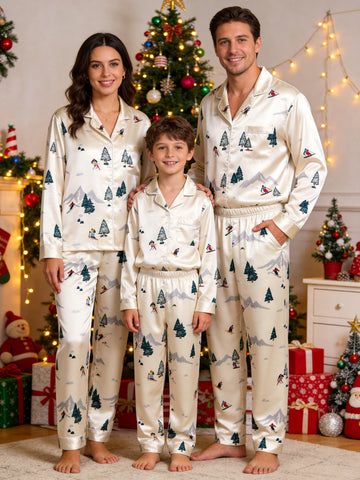 Family Matching Satin Pajamas Set Two-Piece Button-Down Long Sleeve Sleepwear with Skiing Figures & Mountain Print