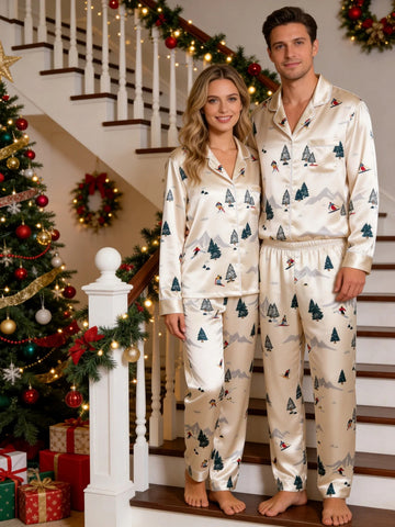 Couple Matching Satin Pajamas Set Two-Piece Button-Down Long Sleeve Sleepwear with Skiing Figures & Mountain Print