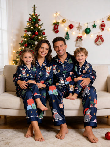 Family Matching Satin Pajamas Set Two-Piece Button-Down Long Sleeve Sleepwear with Christmas Dogs & Presents Print