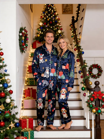 Couple Matching Satin Pajamas Set Two-Piece Button-Down Long Sleeve Sleepwear with Christmas Dogs & Presents Print
