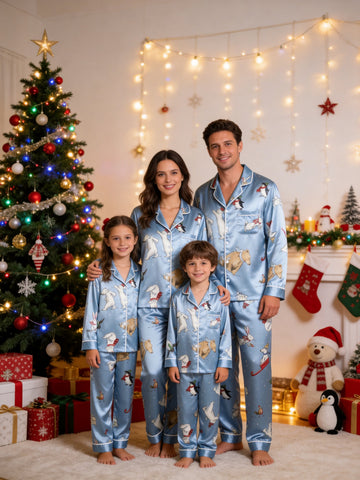 Family Matching Satin Pajamas Set Two-Piece Button-Down Long Sleeve Sleepwear with Polar Bears & Animals Print