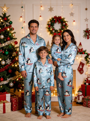 Family Matching Satin Pajamas Set Two-Piece Button-Down Long Sleeve Sleepwear with Skiing & Snowboarding Penguins Print