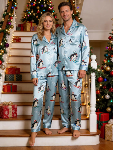 Couple Matching Satin Pajamas Set Two-Piece Button-Down Long Sleeve Sleepwear with Skiing & Snowboarding Penguins Print