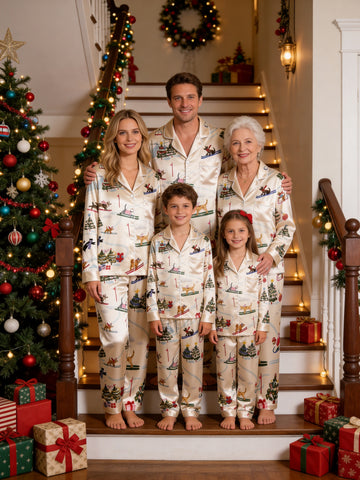 Family Matching Satin Pajamas Set Two-Piece Button-Down Long Sleeve Sleepwear with Skiing Dogs & Christmas Trees Print