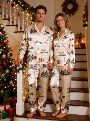 Couple Matching Satin Pajamas Set Two-Piece Button-Down Long Sleeve Sleepwear with Skiing Dogs & Christmas Trees Print