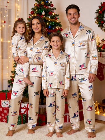 Family Matching Satin Pajamas Set Two-Piece Button-Down Long Sleeve Sleepwear with Dogs Skiing in Sweaters Print