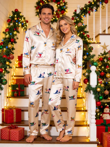Couple Matching Satin Pajamas Set Two-Piece Button-Down Long Sleeve Sleepwear with Dogs Skiing in Sweaters Print
