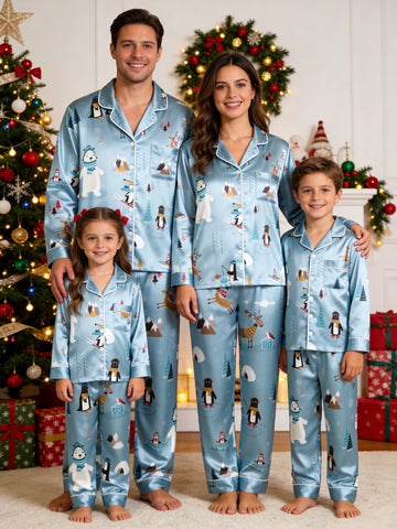Family Matching Satin Pajamas Set Two-Piece Button-Down Long Sleeve Sleepwear with Polar Bear Reindeer & Igloo Print