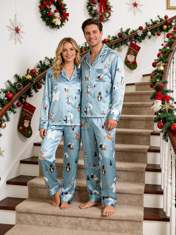 Couple Matching Satin Pajamas Set Two-Piece Button-Down Long Sleeve Sleepwear with Polar Bear Reindeer & Igloo Print