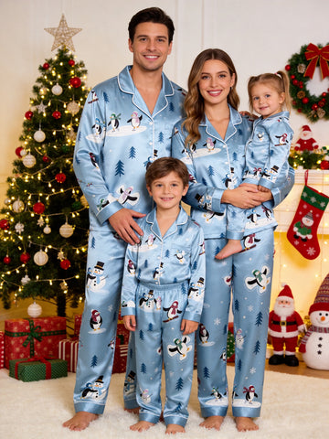 Family Matching Satin Pajamas Set Two-Piece Button-Down Long Sleeve Sleepwear with Ice Skating Penguins & Snowmen Print