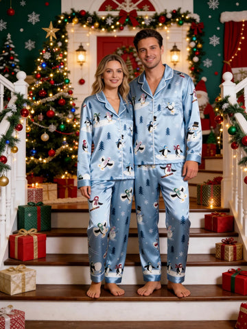 Couple Matching Satin Pajamas Set Two-Piece Button-Down Long Sleeve Sleepwear with Ice Skating Penguins & Snowmen Print