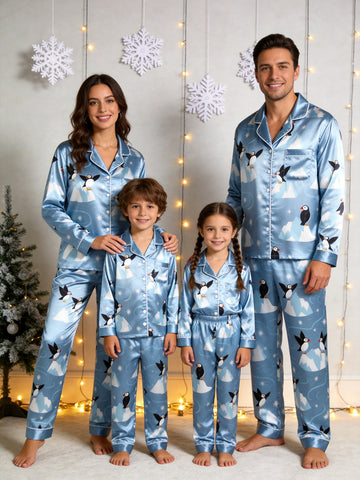Family Matching Satin Pajamas Set Two-Piece Button-Down Long Sleeve Sleepwear with Ice Skating Penguins & Snowmen Print