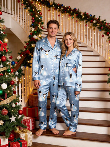 Couple Matching Satin Pajamas Set Two-Piece Button-Down Long Sleeve Sleepwear with Ice Skating Penguins & Snowmen Print