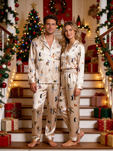 Couple Matching Satin Pajamas Set Two-Piece Button-Down Long Sleeve Sleepwear with Arctic Puffins & Iceberg Print